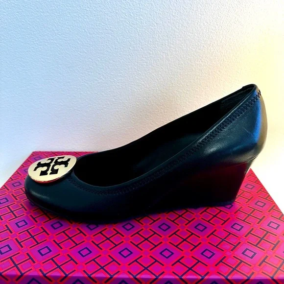 Like New! Tory Burch Sally Black Wedge with Gold Emblem - Picture 7 of 10
